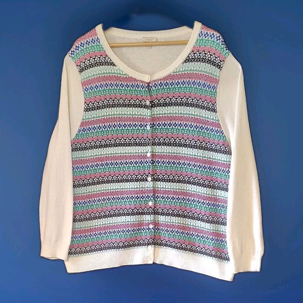 Talbots 2X Plus Sz Fair Isle Cardigan Sweater White Pink Green Preppy Grannycore